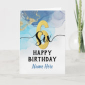 ハッピー6誕生日ウォーターカラーブルー&金ゴールドボーイ カード (正面)