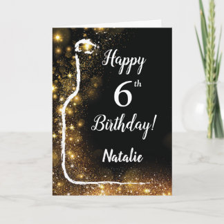 ハッピー6誕生日ブラック&金ゴールドグリッターワイン カード