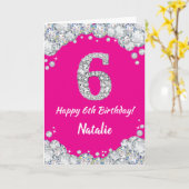 ハッピー6誕生日ホットピンクアンドシルバーグリッター カード (黄色い花)
