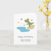 ハッピー60誕生日かわいい漫画の恐竜魚釣り カード (黄色い花)