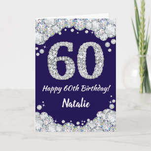 ハッピー60誕生日ネービーブルーアンドシルバーグリッター カード