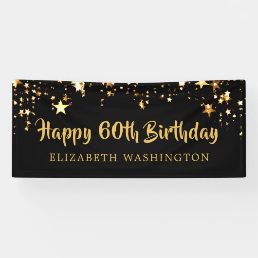 ハッピー60誕生日ブラック金ゴールド星またはテキスト 横断幕 (横)