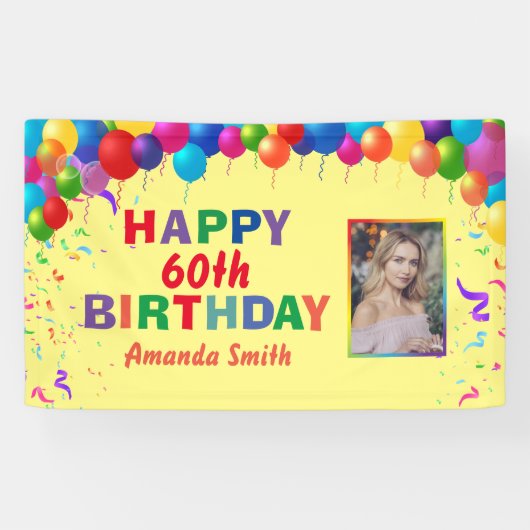 ハッピー60th誕生日バカラフルルーン黄 横断幕 (横)