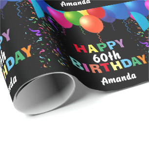 ハッピー60th誕生日バルカラフルーンブラック ラッピングペーパー