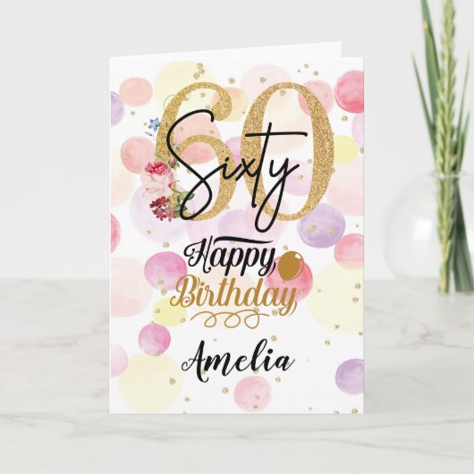 ハッピー60th誕生日パステルレインボー金ゴールドウィメンカード カード (正面)