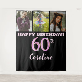 ハッピー60th誕生日パーティー、ピンクグリッター&3枚 タペストリー