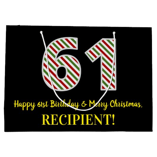 ハッピー61誕生日&メリークリスマス、名前をカスタムする ラージペーパーバッグ (裏面)