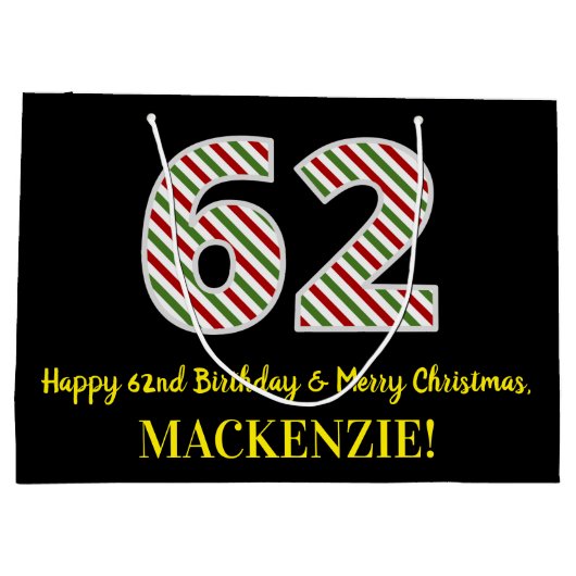 ハッピー62誕生日&メリークリスマス、名前をカスタムする ラージペーパーバッグ (裏面)