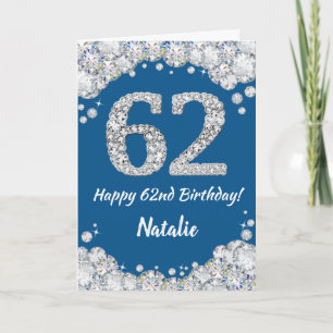 ハッピー62nd誕生日ブルーとシルバーグリッターカード カード