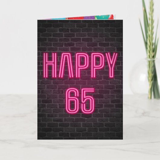 ハッピー65誕生日ネオンサインオンブリック カード (正面)