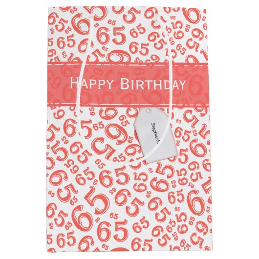 ハッピー65th誕生日パーティーコーラルナンバーパターン ミディアムペーパーバッグ (正面)