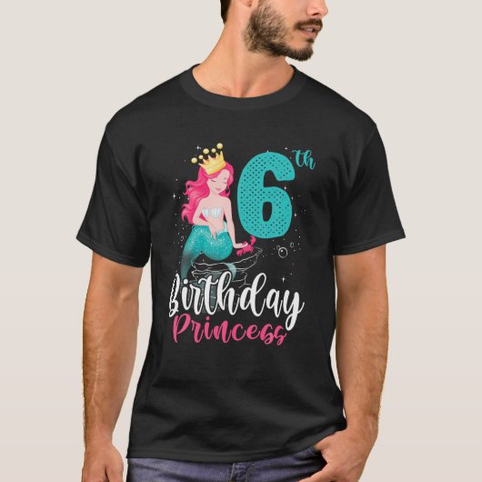 ハッピー6th誕生日プリンセスかわいい人魚生まれ娘 tシャツ (正面)