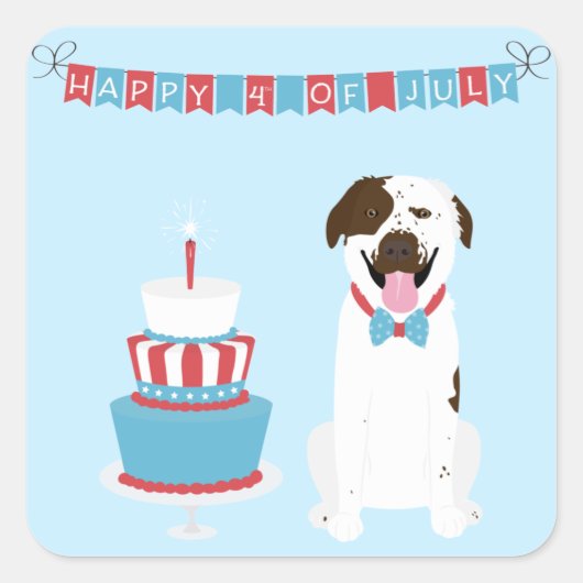 ハッピー7月4日ドッグ赤白青 スクエアシール (正面)