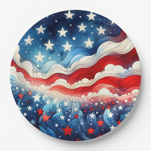 ハッピー7月4日 | Patriotic Stars and Stripes ペーパープレート (正面)