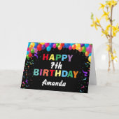 ハッピー7誕生日カラフルバルーン黒 カード (黄色い花)