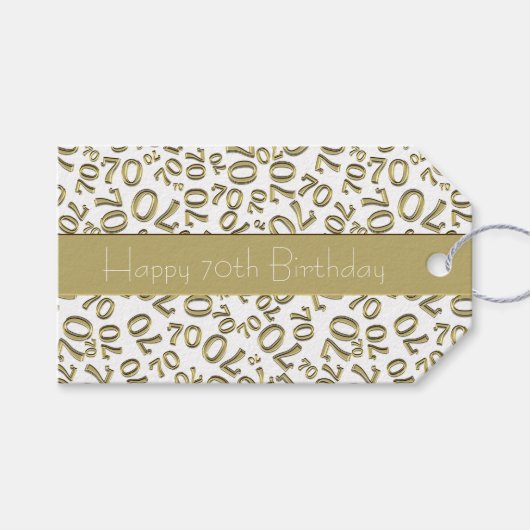 ハッピー70番目の誕生日番号パターン金ゴールド/白 ギフトタグ (正面(横))