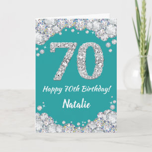 ハッピー70誕生日ティール(緑がかった色)とシルバーグリッターカード カード