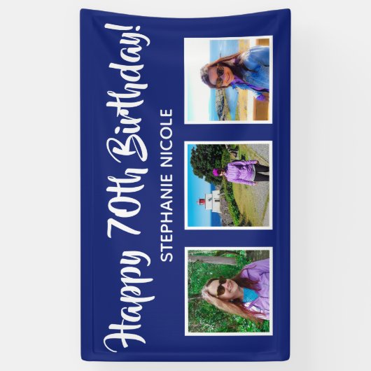 ハッピー70誕生日ネイビーブルーパーソナライズされた写真 横断幕 (縦)
