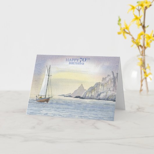 ハッピー70誕生日海ボートウォーター色カード カード (黄色い花)