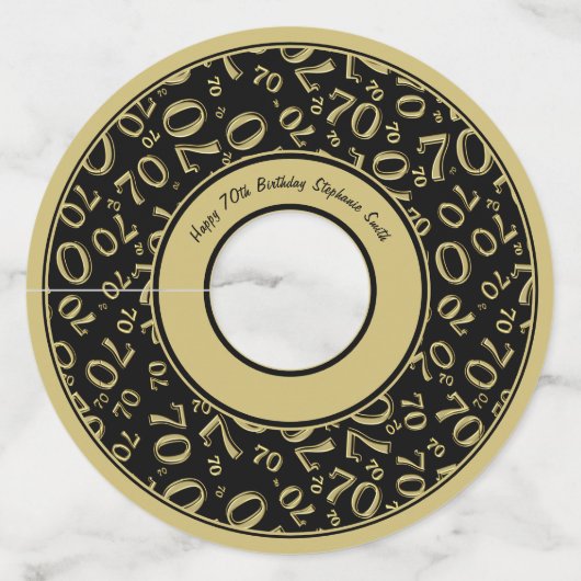ハッピー70誕生日金ゴールドとブラックナンバーテーマ ワイングラスタグ (正面)