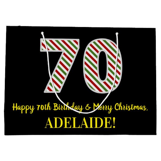 ハッピー70誕生日&メリークリスマス、名前をカスタムする ラージペーパーバッグ (裏面)