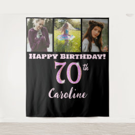 ハッピー70th誕生日パーティー、ピンクグリッター&3枚 タペストリー