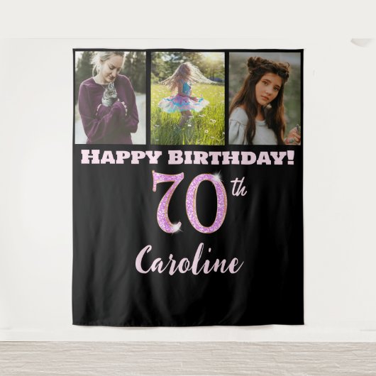 ハッピー70th誕生日パーティー、ピンクグリッター&3枚 タペストリー (正面)