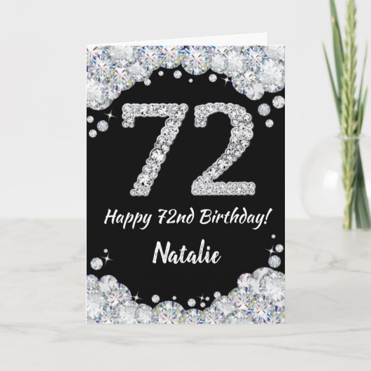ハッピー72誕生日ブラックアンドシルバーグリッターカード カード (正面)