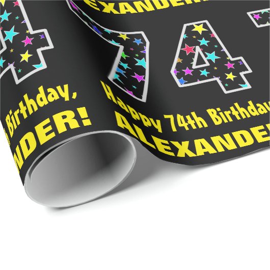 ハッピー74誕生日、おもしろいカラフルスターパターン74 ラッピングペーパー (ロールコーナー)