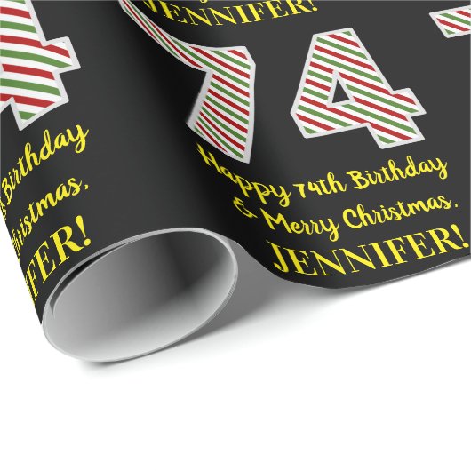 ハッピー74誕生日&メリークリスマス、名前をカスタムする ラッピングペーパー (ロールコーナー)