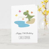 ハッピー75誕生日かわいい漫画の恐竜魚釣り カード (黄色い花)