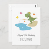 ハッピー75誕生日かわいい漫画の恐竜魚釣り ポストカード (正面/裏面)