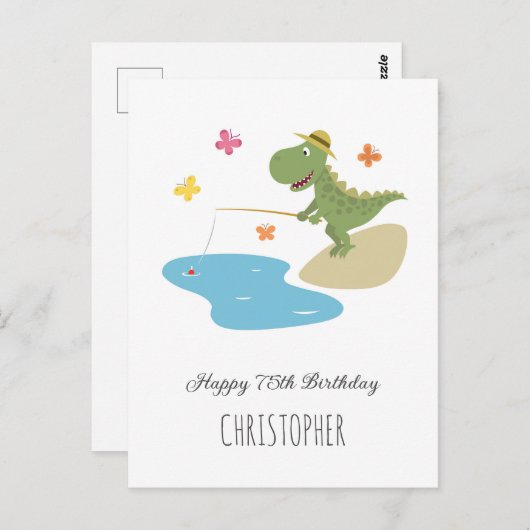 ハッピー75誕生日かわいい漫画の恐竜魚釣り ポストカード (正面/裏面)