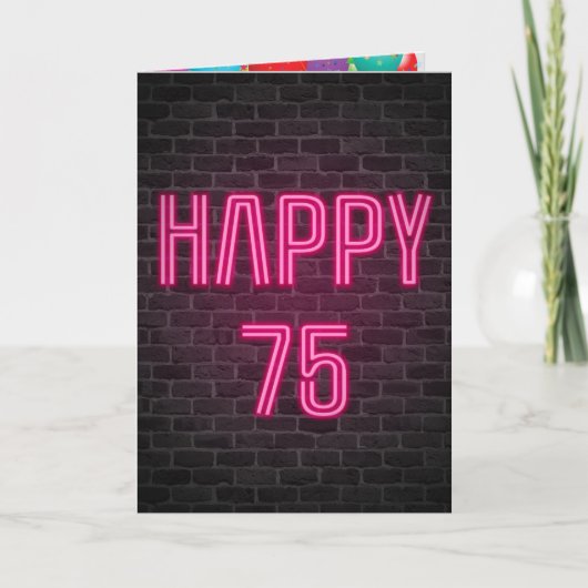 ハッピー75誕生日ネオンサインオンブリック カード (正面)
