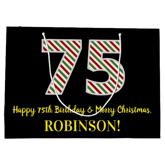 ハッピー75誕生日&メリークリスマス、名前をカスタムする ラージペーパーバッグ (裏面)