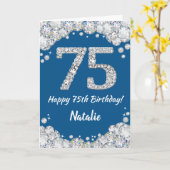 ハッピー75th誕生日ブルーアンドシルバーグリッターカード カード (黄色い花)