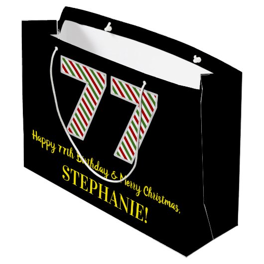 ハッピー77誕生日&メリークリスマス、名前をカスタムする ラージペーパーバッグ (裏面アングル)
