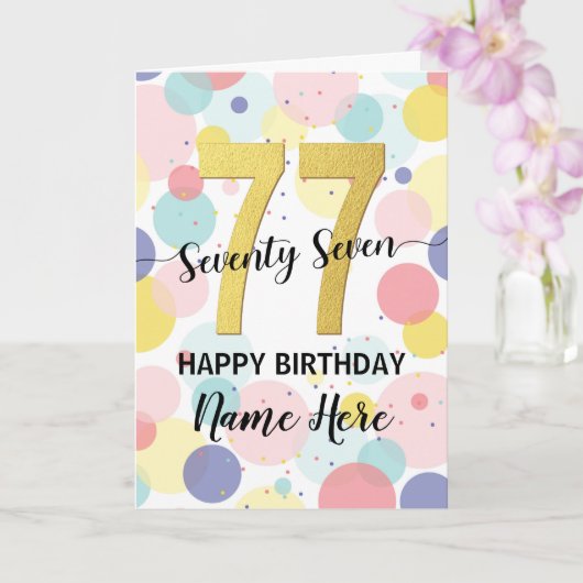 ハッピー77th誕生日パステルレインボー金ゴールドウーマン カード (蘭)