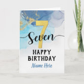 ハッピー7th誕生日ウォーターカラーブルー&金ゴールドボーイ カード (正面)