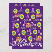 ハッピー8番目誕生日招待状誕生日#8パープル 招待状 (正面/裏面)