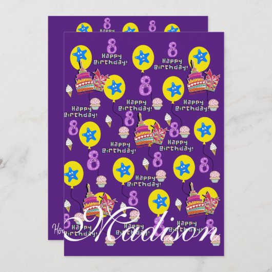 ハッピー8番目誕生日招待状誕生日#8パープル 招待状 (正面/裏面)