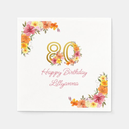 ハッピー80番目の誕生日フローラ金ゴールド番号80パーティー スタンダードカクテルナプキン (正面)