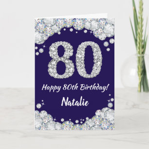 ハッピー80誕生日ネービーブルーアンドシルバーグリッター カード