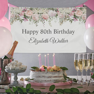 ハッピー80誕生日フェミニンピンクローズフローラ 横断幕