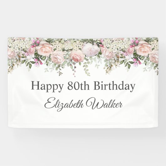 ハッピー80誕生日フェミニンピンクローズフローラ 横断幕 (横)