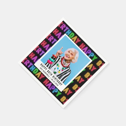 ハッピー80誕生日フォトレインボーネオンナプキンズ スタンダードカクテルナプキン (角)