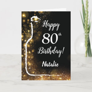 ハッピー80誕生日ブラック&金ゴールドグリッターワイン カード
