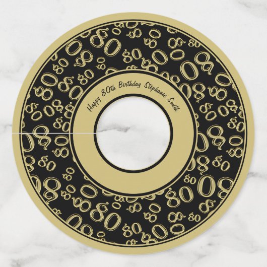 ハッピー80誕生日金ゴールドとブラックナンバーテーマ ワイングラスタグ (正面)