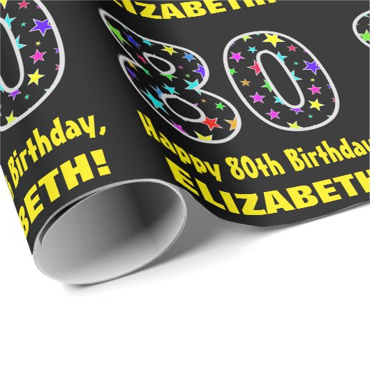 ハッピー80誕生日、おもしろいカラフルスターパターン80 ラッピングペーパー (ロールコーナー)