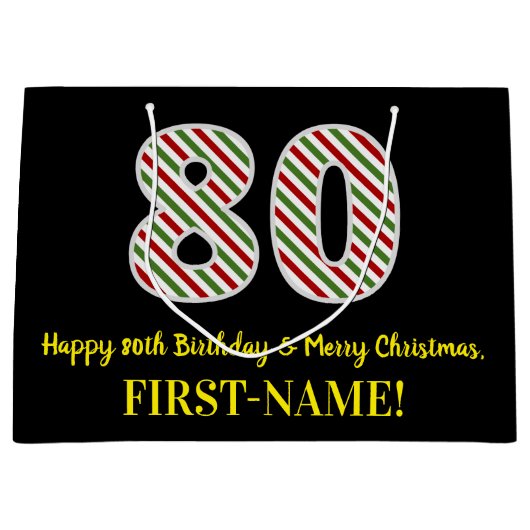 ハッピー80誕生日&メリークリスマス，名前をカスタムする ラージペーパーバッグ (正面)